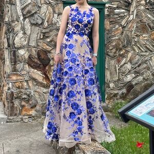 Prom dress tan with royal blue flowers
